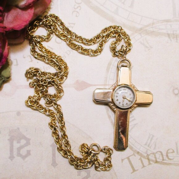 GOTHAM Gold Filled Swiss Cross Watch Necklace~ VINTAGE Mechanical Watch Necklace main image 16